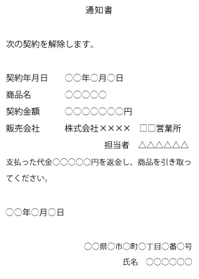 クーリングオフ通知はがき記載例販売会社あて