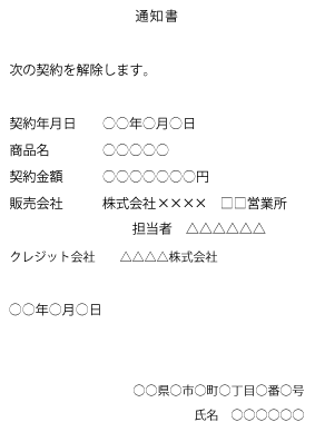 クーリングオフ通知はがき記載例クレジット会社あて