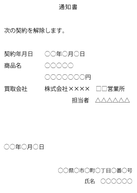 クーリングオフ通知はがき記載例買取業者あて（訪問購入の場合）