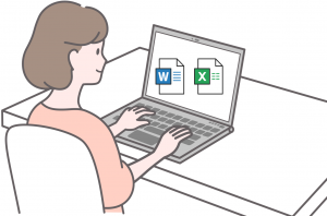 女性がパソコンを打っているイラストの画像