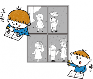４コマ漫画を子供が描いてる画像