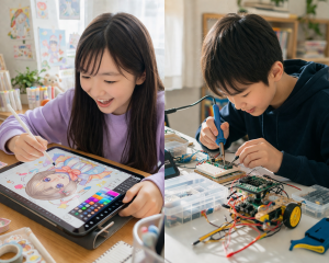 女の子がタブレットでデジタルイラスト、男の子が電子工作をはんだ付けしている画像