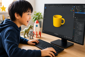 子どもが3Dモデルをパソコンに向かって作成している様子
