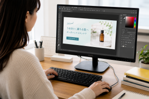 女性がパソコンに向かってPhotoshopを操作しているイメージ画像