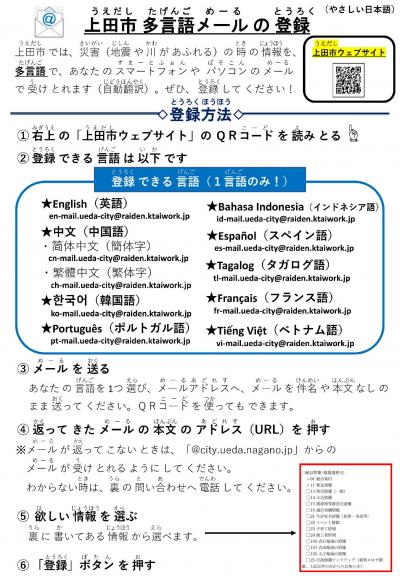 上田市メールの登録(やさしい日本語)チラシ表