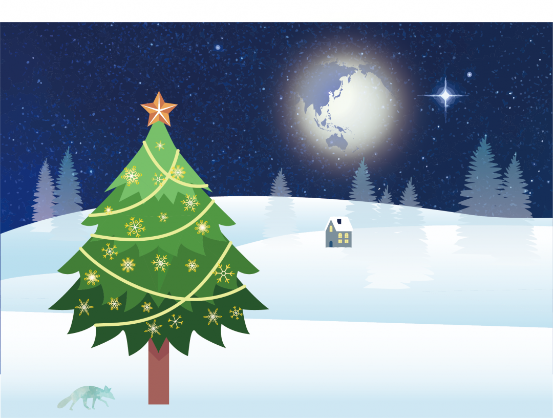 クリスマスツリーと地球と夜空のイラスト